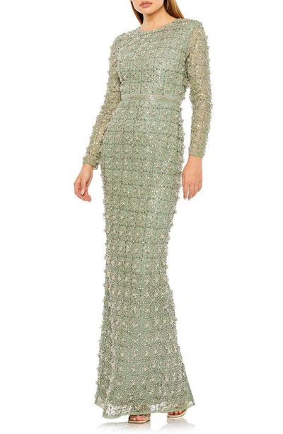 Shop Mac Duggal Beaded Long Sleeve Mermaid Gown In Jade