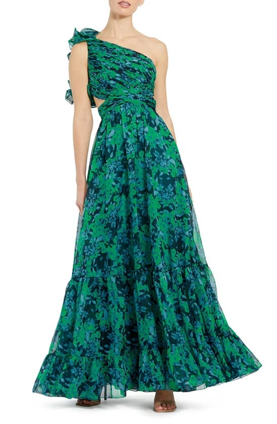 Shop Mac Duggal Ruffle Ruched Floral Print One-shoulder Gown In Green Multi