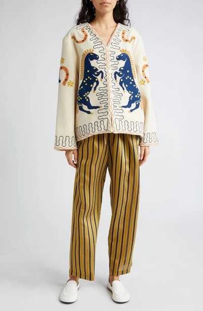 Bode Winter Stallion Stitched Wool Jacket In Cream Multi
