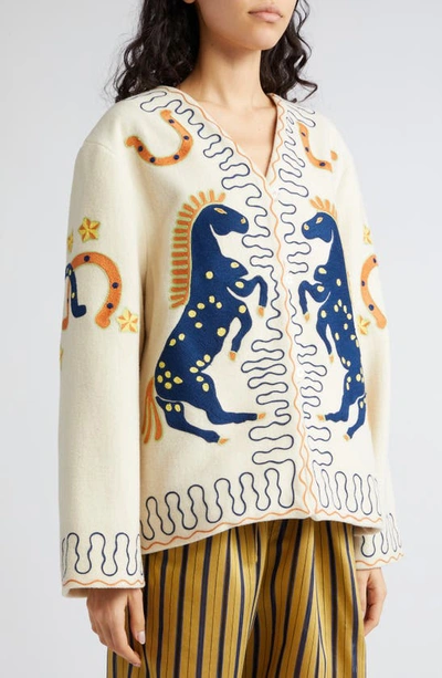 Bode Winter Stallion Stitched Wool Jacket In Cream Multi