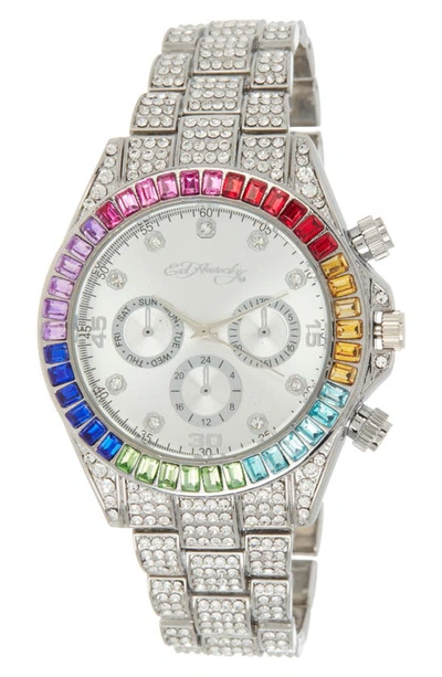 Shop I Touch Ed Hardy Crystal Bracelet Strap Chronograph Watch, 40mm In Shiny Silver