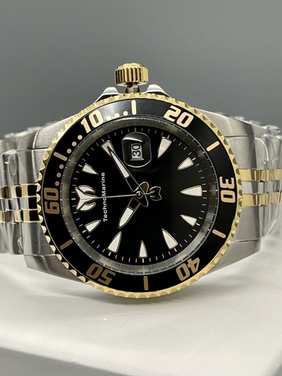 Pre-owned Technomarine Manta Sea Men 42mm Swiss Black Dial Two Tone Jubilee Bracelet Watch