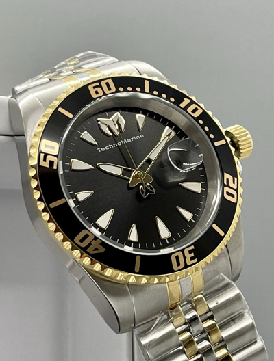 Pre-owned Technomarine Manta Sea Men 42mm Swiss Black Dial Two Tone Jubilee Bracelet Watch