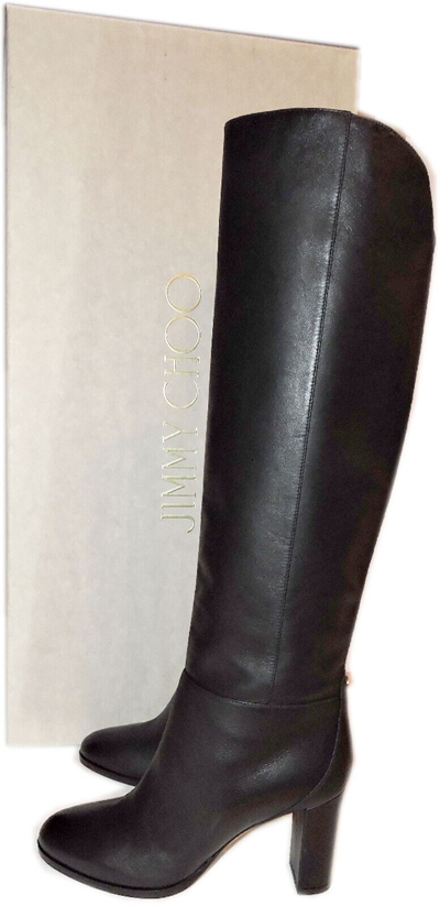 JIMMY CHOO Pre-owned Madalie 80 Boots Tall Knee Black Leather Booties 37 Boot