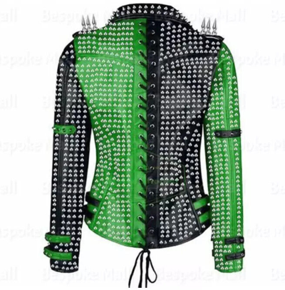 Pre-owned Brando Mens Two Tone  Studded Punk Rock Spikes Motorcycle Biker Leather Jacket In Black