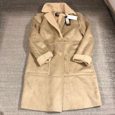 Pre-owned Frye Coat Women's Small Natural Faux Shearling Double Breasted Pea Coat In Beige