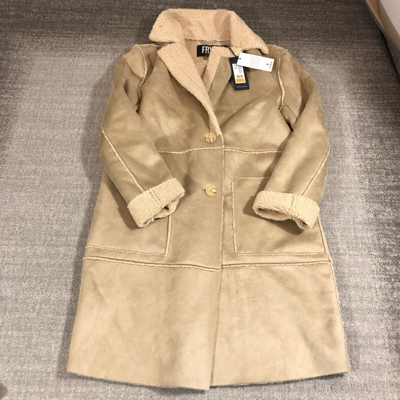 Pre-owned Frye Coat Women's Small Natural Faux Shearling Double Breasted Pea Coat In Beige