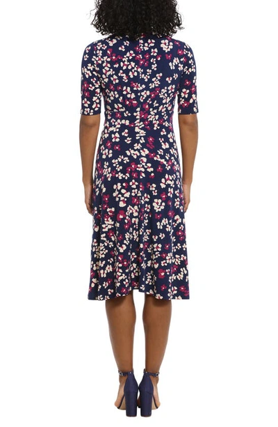 London Times Floral Elbow Sleeve Inset Waist Midi Dress In Navy Coral