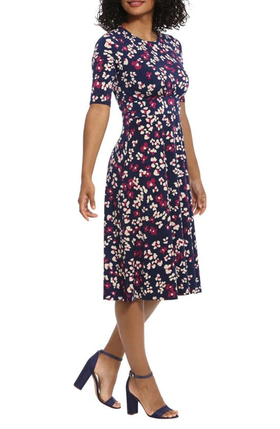 London Times Floral Elbow Sleeve Inset Waist Midi Dress In Navy Coral