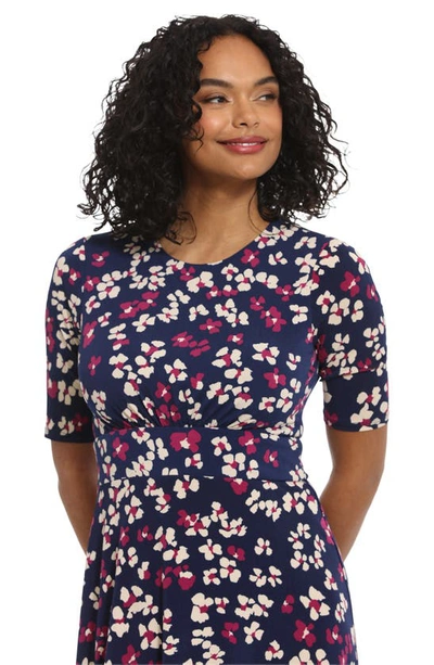 London Times Floral Elbow Sleeve Inset Waist Midi Dress In Navy Coral