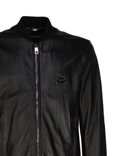 Shop Dolce & Gabbana Leather Jacket With Logo Plaque In Black
