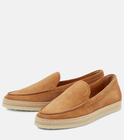 Tod's Round Toe Suede Loafers With Espadrille Detail In Neutral