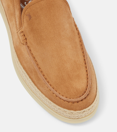 Tod's Round Toe Suede Loafers With Espadrille Detail In Neutral