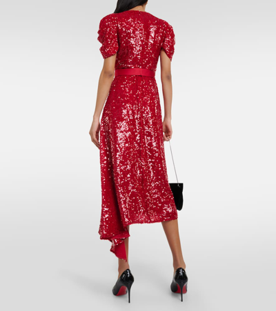 Shop Erdem Asymmetric Sequined Midi Dress In Red
