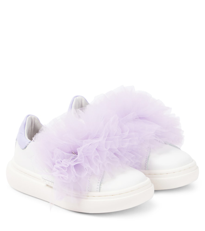 Shop Monnalisa Appliqué Leather And Tulle Sneakers In White