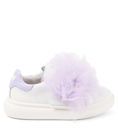 Shop Monnalisa Appliqué Leather And Tulle Sneakers In White