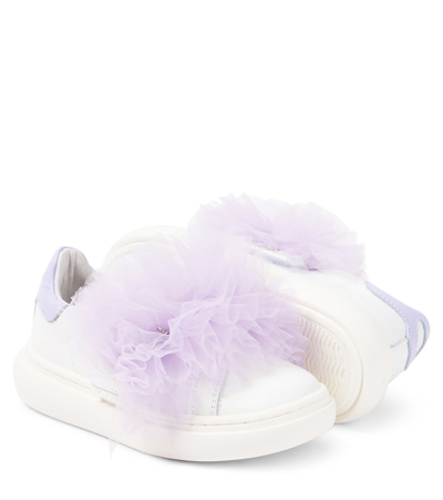 Shop Monnalisa Appliqué Leather And Tulle Sneakers In White