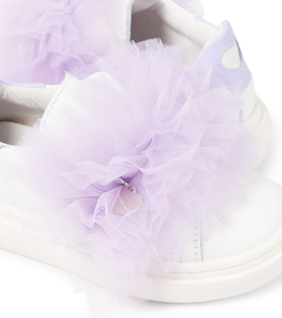 Shop Monnalisa Appliqué Leather And Tulle Sneakers In White