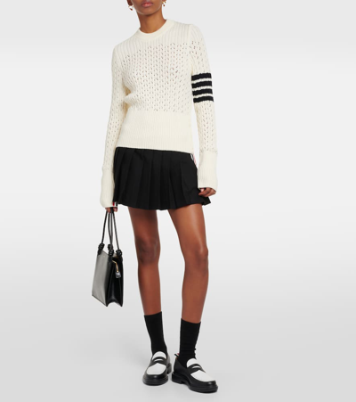 Shop Thom Browne 4-bar Pointelle Wool Sweater In White