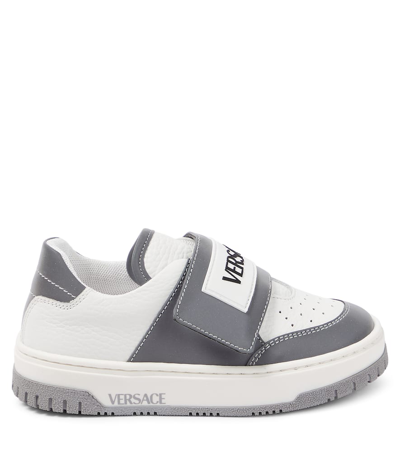 Shop Versace Leather-trimmed Sneakers In Grey