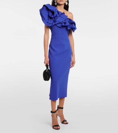 Shop Rebecca Vallance Cora Ruffled One-shoulder Midi Dress In Blue