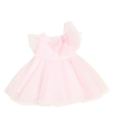Shop Monnalisa Baby Bow-detail Polka-dot Tulle Dress In Pink