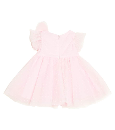 Shop Monnalisa Baby Bow-detail Polka-dot Tulle Dress In Pink
