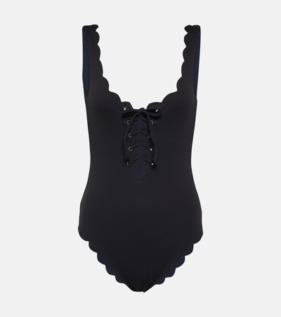 Marysia Charleston Scalloped Seersucker Swimsuit In Black