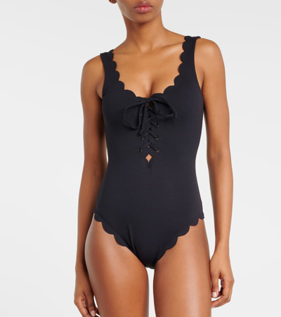 Marysia Charleston Scalloped Seersucker Swimsuit In Black
