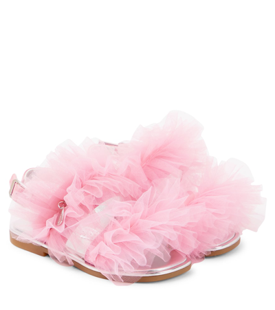 Shop Monnalisa Appliqué Tulle And Leather Sandals In Pink