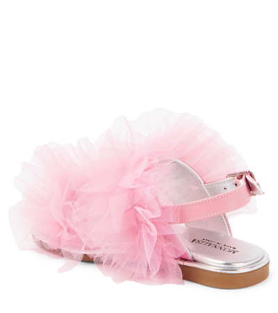 Shop Monnalisa Appliqué Tulle And Leather Sandals In Pink