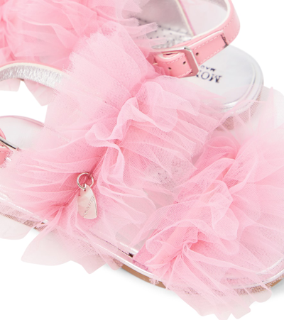 Monnalisa Appliqué Tulle And Leather Sandals In Pink