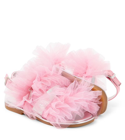 Shop Monnalisa Appliqué Tulle And Leather Sandals In Pink