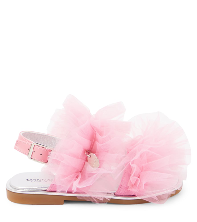 Shop Monnalisa Appliqué Tulle And Leather Sandals In Pink