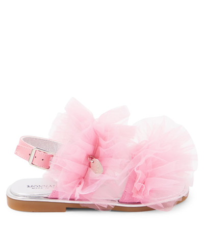 Monnalisa Appliqué Tulle And Leather Sandals In Pink