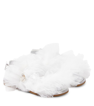 Shop Monnalisa Appliqué Tulle And Leather Sandals In White