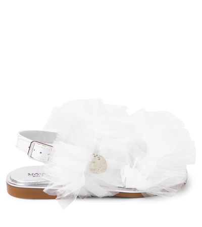 Monnalisa Appliqué Tulle And Leather Sandals In White