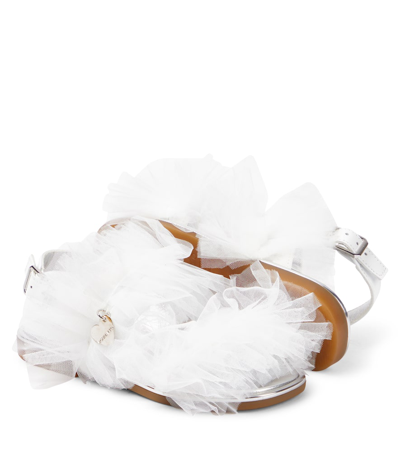 Shop Monnalisa Appliqué Tulle And Leather Sandals In White