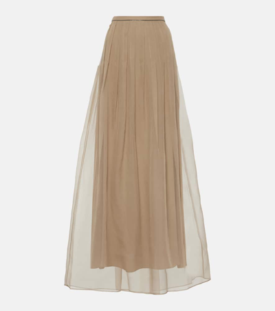 Shop Brunello Cucinelli High-rise Pleated Silk Maxi Skirt In Brown