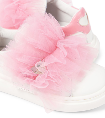 Monnalisa Appliqué Leather And Tulle Sneakers In White