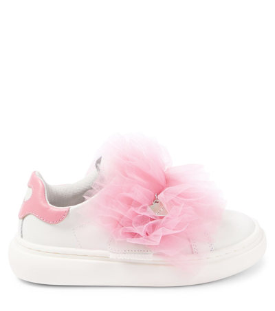 Monnalisa Appliqué Leather And Tulle Sneakers In White