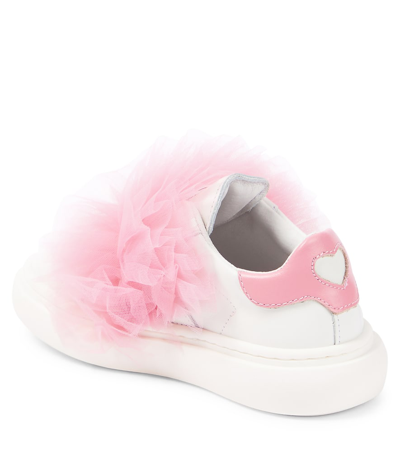 Monnalisa Appliqué Leather And Tulle Sneakers In White