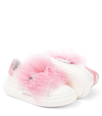 Monnalisa Appliqué Leather And Tulle Sneakers In White