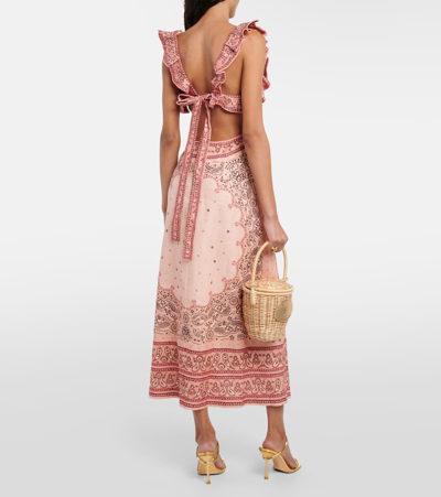 Shop Zimmermann Matchmaker Printed Linen Midi Dress In Pink