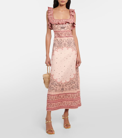 Shop Zimmermann Matchmaker Printed Linen Midi Dress In Pink
