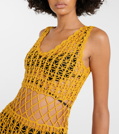 Shop Anna Kosturova Fringed Crochet Midi Dress In Yellow