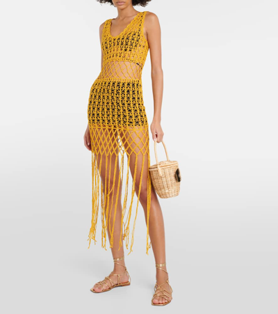 Shop Anna Kosturova Fringed Crochet Midi Dress In Yellow