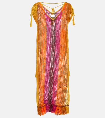 Shop Anna Kosturova Striped Crochet Midi Dress In Multicoloured