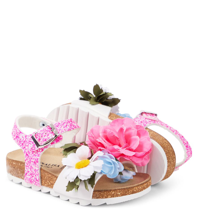 Monnalisa Floral-appliqué Glitter Sandals In Multicoloured
