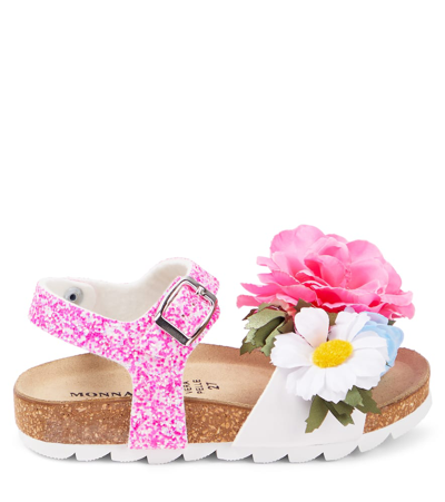 Monnalisa Floral-appliqué Glitter Sandals In Multicoloured